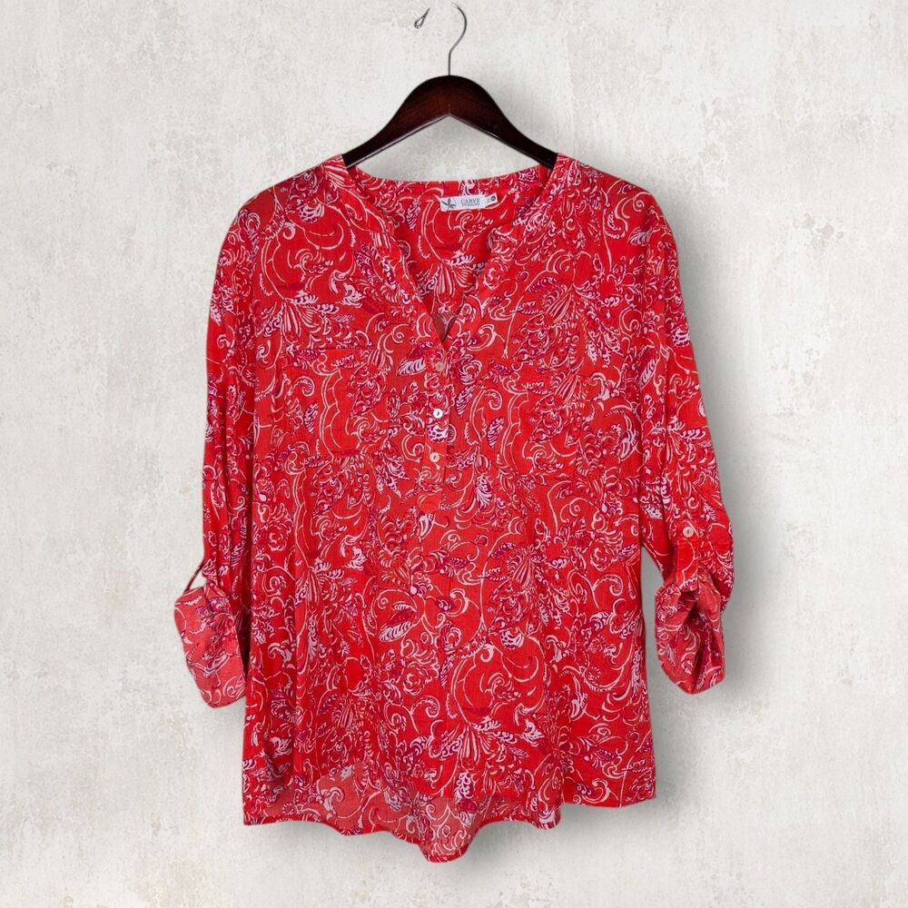 Carve Designs Women's Top XL Organic Cotton Henley Coral Orange Paisley Roll Tab